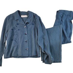 90s Embroidered Pant Suite Medium Pleated  USA Deadstock Coastal Grandma *Flaw